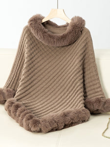 Darla Fuzzy Trim Three-Quarter Sleeve Poncho