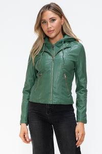 Kelly Faux Leather Zip Up Drawstring Hooded Jacket