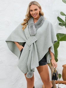 Under the Lights Fuzzy Trim Open Front Poncho