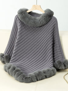 Darla Fuzzy Trim Three-Quarter Sleeve Poncho