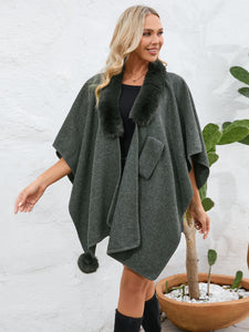 Under the Lights Fuzzy Trim Open Front Poncho