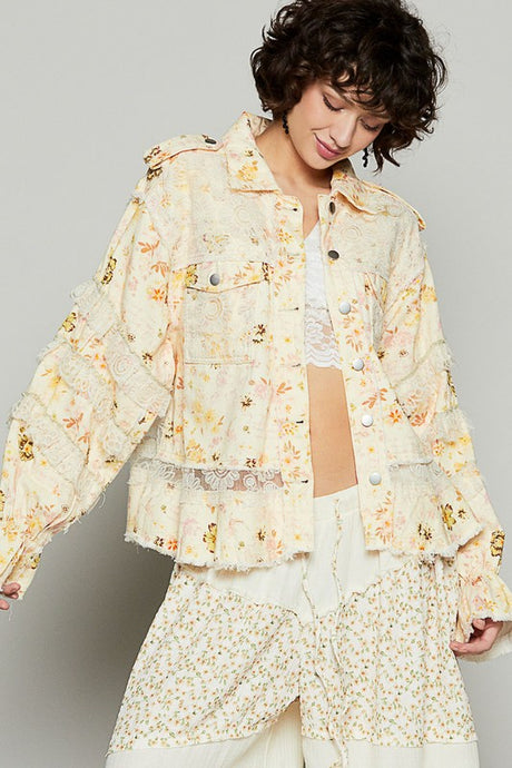 Liliana Raw Hem Lace Patch Flounce Sleeve Jacket