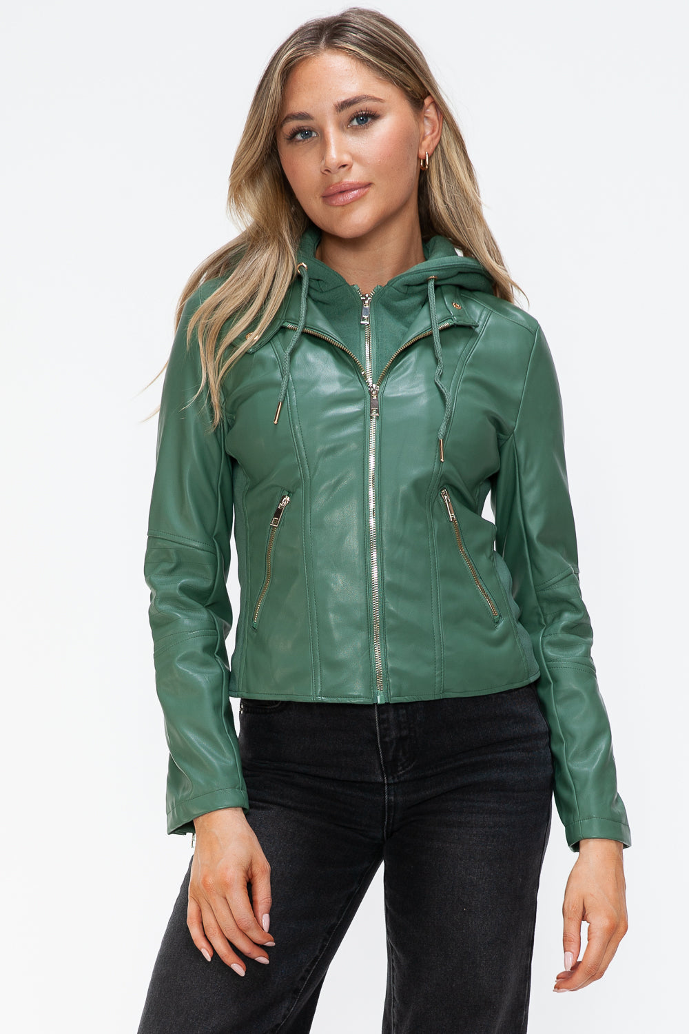 Kelly Faux Leather Zip Up Drawstring Hooded Jacket