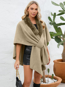 Under the Lights Fuzzy Trim Open Front Poncho