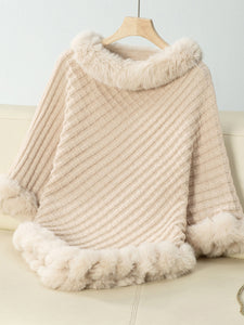 Darla Fuzzy Trim Three-Quarter Sleeve Poncho