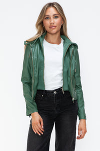 Kelly Faux Leather Zip Up Drawstring Hooded Jacket