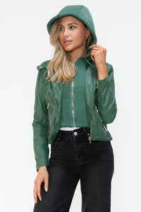 Kelly Faux Leather Zip Up Drawstring Hooded Jacket