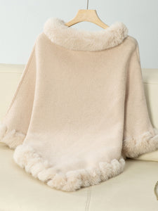 Darla Fuzzy Trim Three-Quarter Sleeve Poncho