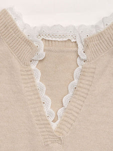 Perfee Lace Detail Notched Long Sleeve Sweater