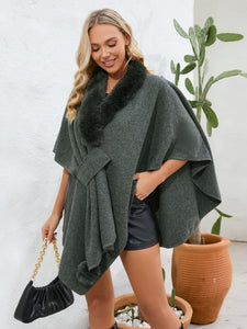 Under the Lights Fuzzy Trim Open Front Poncho