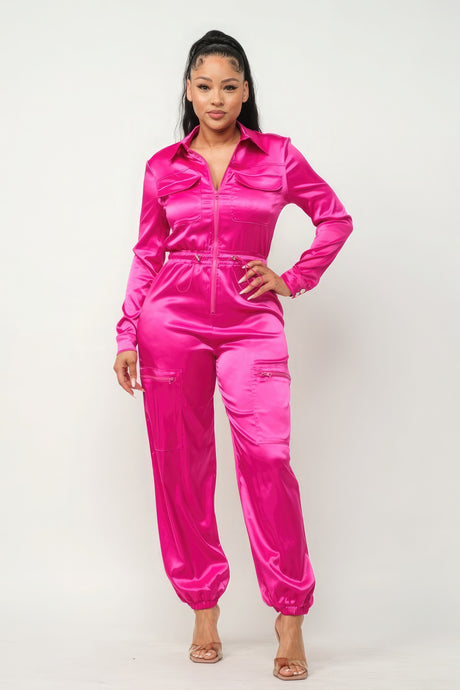 Shining Honor Zipper Pocket Satin Jumpsuit (Fuschia)