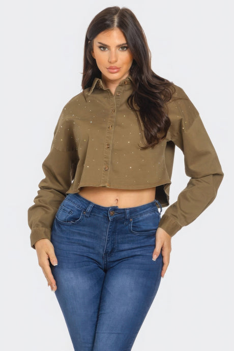 Written In the Stars Rhinestone Embellished Denim Button Down (Olive)