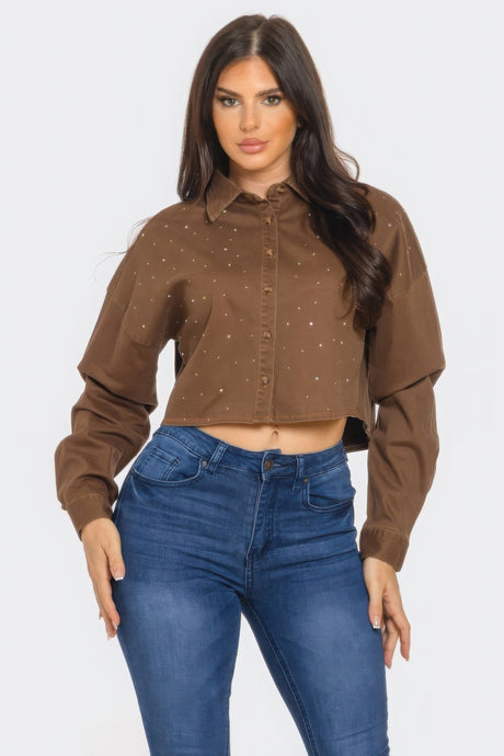 Written In the Stars Rhinestone Embellished Denim Button Down (Brown)