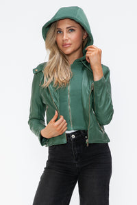 Kelly Faux Leather Zip Up Drawstring Hooded Jacket