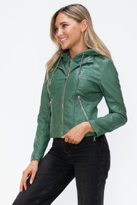 Kelly Faux Leather Zip Up Drawstring Hooded Jacket