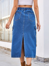 Load image into Gallery viewer, CRE8ED2LUV&#39;S Slit Midi Denim Skirt with Pockets