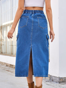 CRE8ED2LUV'S Slit Midi Denim Skirt with Pockets