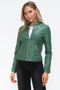 Kelly Faux Leather Zip Up Drawstring Hooded Jacket