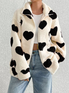 Still In Love with You Heart Zip Up Drop Shoulder Furry Jacket