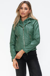 Kelly Faux Leather Zip Up Drawstring Hooded Jacket