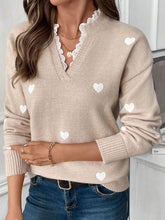 Load image into Gallery viewer, Perfee Lace Detail Notched Long Sleeve Sweater