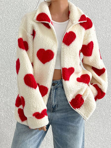 Still In Love with You Heart Zip Up Drop Shoulder Furry Jacket