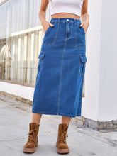 Load image into Gallery viewer, CRE8ED2LUV&#39;S Slit Midi Denim Skirt with Pockets