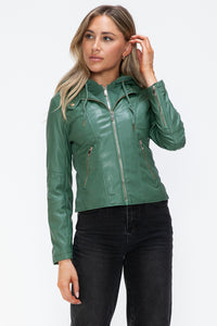 Kelly Faux Leather Zip Up Drawstring Hooded Jacket