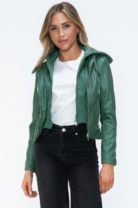 Kelly Faux Leather Zip Up Drawstring Hooded Jacket