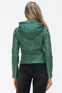 Kelly Faux Leather Zip Up Drawstring Hooded Jacket