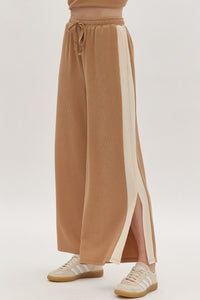 Solid Ribbed Contrast Trim Wide Leg Pants in Camel