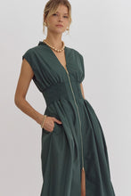 Load image into Gallery viewer, Solid V-Neck Sleeveless Dual Zipper Midi Dress in Hunter