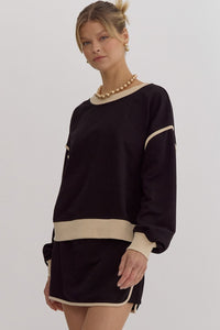 Solid Contrast Trim Long Sleeve Top in Black