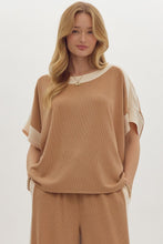 Load image into Gallery viewer, Solid Ribbed Contrast Trim Boatneck Top in Camel