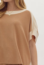 Load image into Gallery viewer, Solid Ribbed Contrast Trim Boatneck Top in Camel