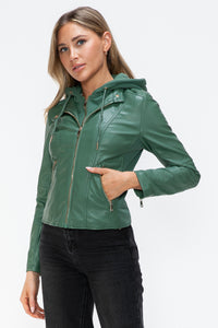 Kelly Faux Leather Zip Up Drawstring Hooded Jacket