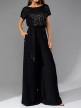 Load image into Gallery viewer, Full Size Sequin Round Neck Short Sleeve Wide Leg Jumpsuit