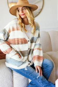 Button Down Stripe Soft Fuzzy Sweater Cardigan