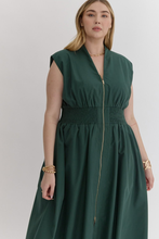 Load image into Gallery viewer, Solid V-Neck Sleeveless Dual Zipper Midi Dress in Hunter